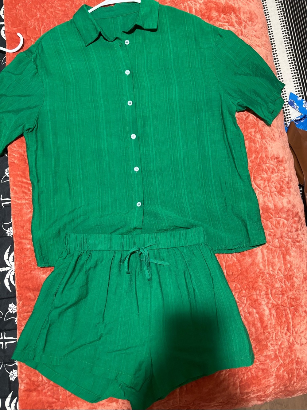 Bright Green Short Set - Button Front Top & Drawstring Shorts